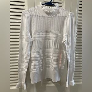 ALMOST FAMOUS LIGHTWEIGHT POINTELLE SWEATER WITH RUFFLE NECK AND CUFFS